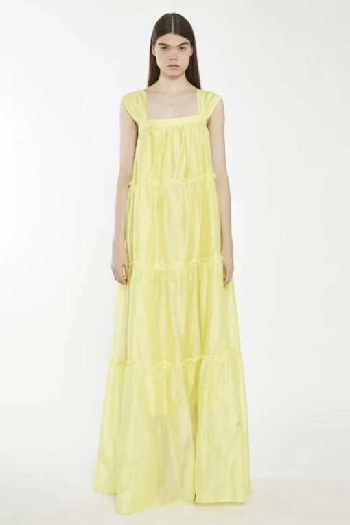 Glamorous Maxi Dresses|Maxi Dresses|Lime Yellow Square-Neck Tiered Maxi-Dress -