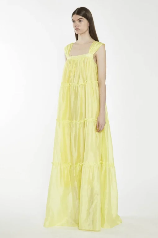 Glamorous Maxi Dresses|Maxi Dresses|Lime Yellow Square-Neck Tiered Maxi-Dress -