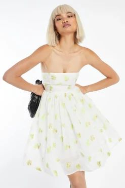 Glamorous Best Dressed Guest|Go To Partywear|Lime-Gold Floral Organza Empire-Line Puff Skirt Mini-Dress -