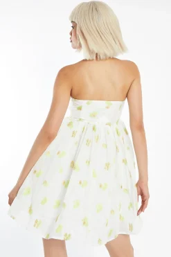 Glamorous Best Dressed Guest|Go To Partywear|Lime-Gold Floral Organza Empire-Line Puff Skirt Mini-Dress -