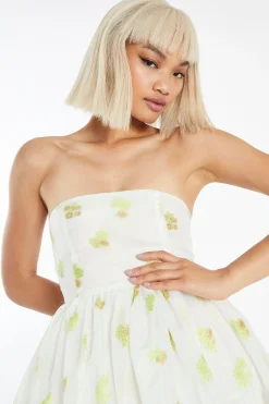 Glamorous Best Dressed Guest|Go To Partywear|Lime-Gold Floral Organza Empire-Line Puff Skirt Mini-Dress -