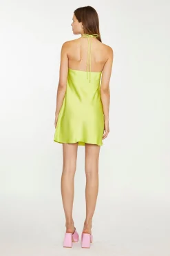 Glamorous Go To Partywear|Day Dresses|Lime-Green Satin Cowl Halterneck Mini-Dress -