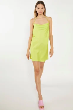 Glamorous Go To Partywear|Day Dresses|Lime-Green Satin Cowl Halterneck Mini-Dress -