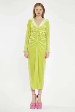 Glamorous Day Dresses|Midi & Midaxi Dresses|Lime-Green Velvet Ruched-Front Midi-Dress -