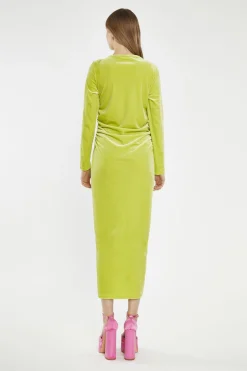 Glamorous Day Dresses|Midi & Midaxi Dresses|Lime-Green Velvet Ruched-Front Midi-Dress -