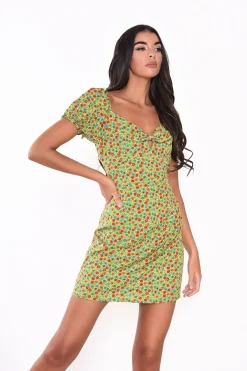 Glamorous Mini Dresses|Mini Dresses|Lime-Red-Ditsy Short-Sleeve Mini-Dress -
