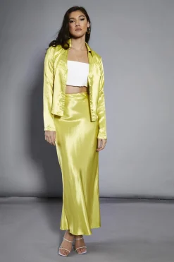 Glamorous Jackets|Lime-Satin Collared Long-Sleeve Jacket -