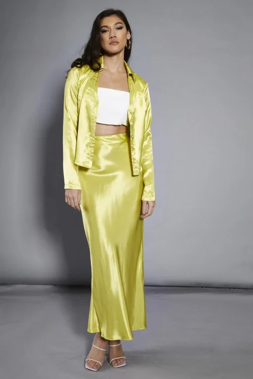 Glamorous Jackets|Lime-Satin Collared Long-Sleeve Jacket -