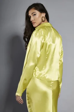Glamorous Jackets|Lime-Satin Collared Long-Sleeve Jacket -
