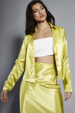 Glamorous Jackets|Lime-Satin Collared Long-Sleeve Jacket -