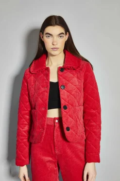 Glamorous Jackets|Puffer Jackets|Lollipop-Red Corduroy Collared Padded-Jacket -