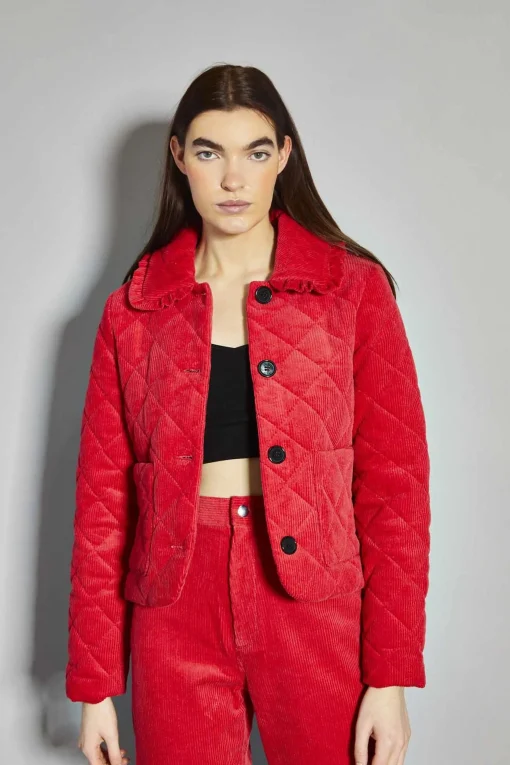 Glamorous Jackets|Puffer Jackets|Lollipop-Red Corduroy Collared Padded-Jacket -