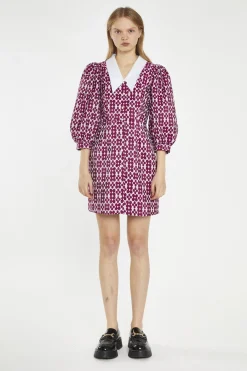 Glamorous Day Dresses|Mini Dresses|Magenta-Flower Brocade Collared Mini-Dress -