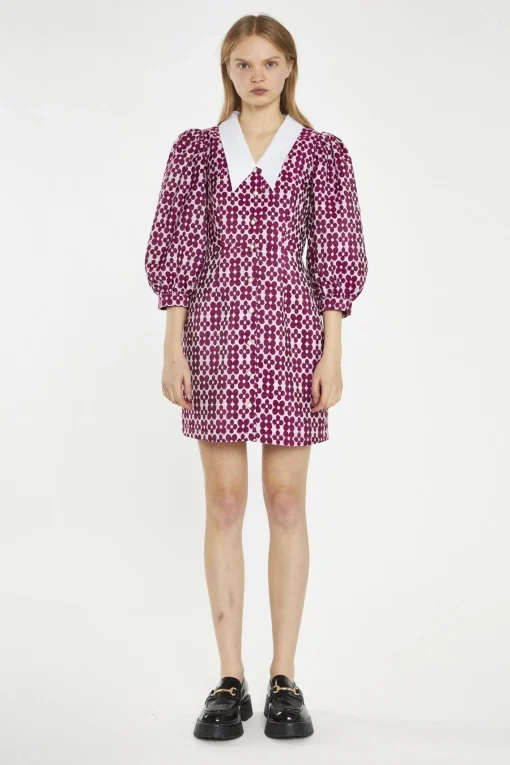 Glamorous Day Dresses|Mini Dresses|Magenta-Flower Brocade Collared Mini-Dress -