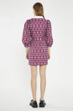 Glamorous Day Dresses|Mini Dresses|Magenta-Flower Brocade Collared Mini-Dress -