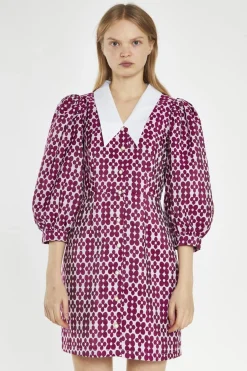 Glamorous Day Dresses|Mini Dresses|Magenta-Flower Brocade Collared Mini-Dress -