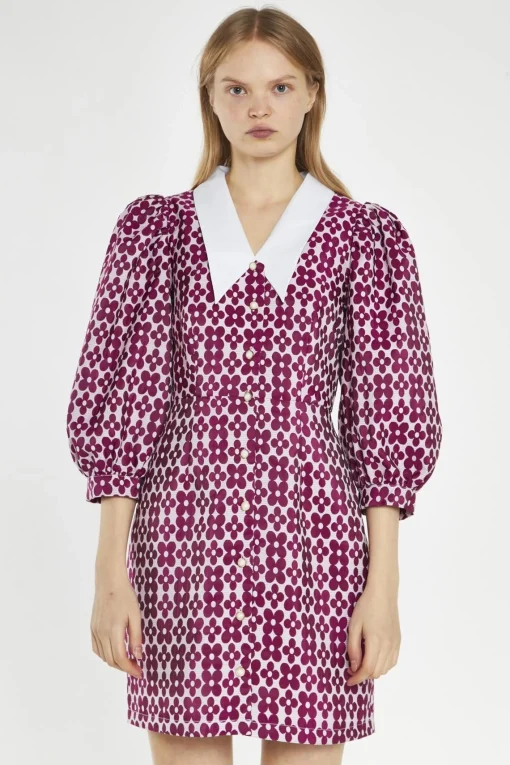 Glamorous Day Dresses|Mini Dresses|Magenta-Flower Brocade Collared Mini-Dress -
