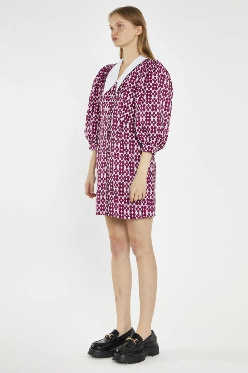 Glamorous Day Dresses|Mini Dresses|Magenta-Flower Brocade Collared Mini-Dress -