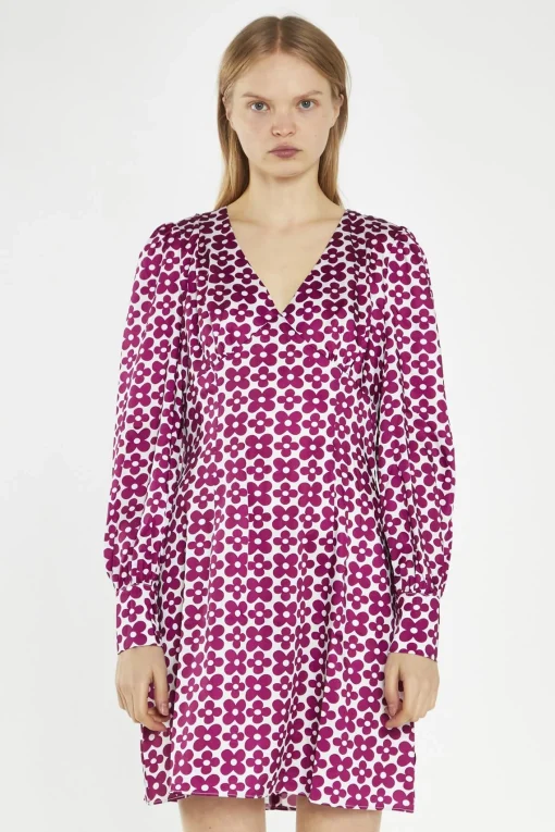 Glamorous Day Dresses|Mini Dresses|Magenta-Flower V-Neck Mini-Dress -