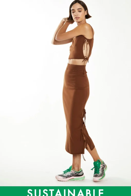 Glamorous Workwear|Glamorous Care: Our Sustainable Collection|Mahogany-Brown Side Tie Knit Midi-Skirt -