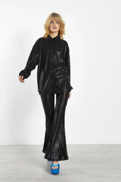 Glamorous Going Out Tops|Blouses & Shirts|Matt-Black Sequin Collared Long-Sleeve Shirt -
