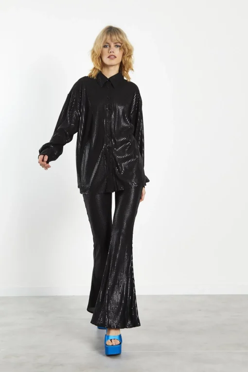 Glamorous Going Out Tops|Blouses & Shirts|Matt-Black Sequin Collared Long-Sleeve Shirt -