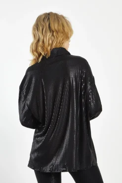 Glamorous Going Out Tops|Blouses & Shirts|Matt-Black Sequin Collared Long-Sleeve Shirt -