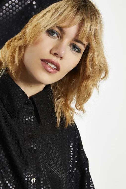 Glamorous Going Out Tops|Blouses & Shirts|Matt-Black Sequin Collared Long-Sleeve Shirt -