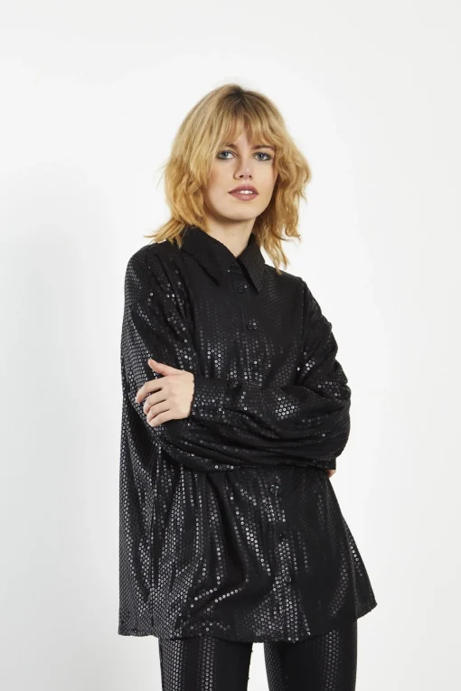 Glamorous Going Out Tops|Blouses & Shirts|Matt-Black Sequin Collared Long-Sleeve Shirt -