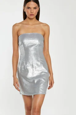 Glamorous Go To Partywear|Sequin Dresses|Matte-Silver Sequin Strapless Mini-Dress -
