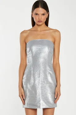 Glamorous Go To Partywear|Sequin Dresses|Matte-Silver Sequin Strapless Mini-Dress -