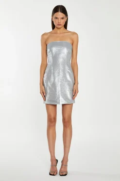 Glamorous Go To Partywear|Sequin Dresses|Matte-Silver Sequin Strapless Mini-Dress -