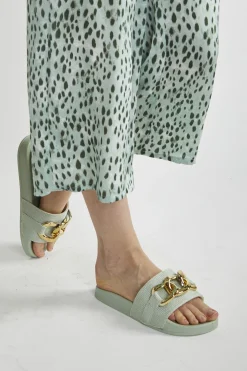 Glamorous Chic Escapes|Mint Sliders with Gold Chain Strap -