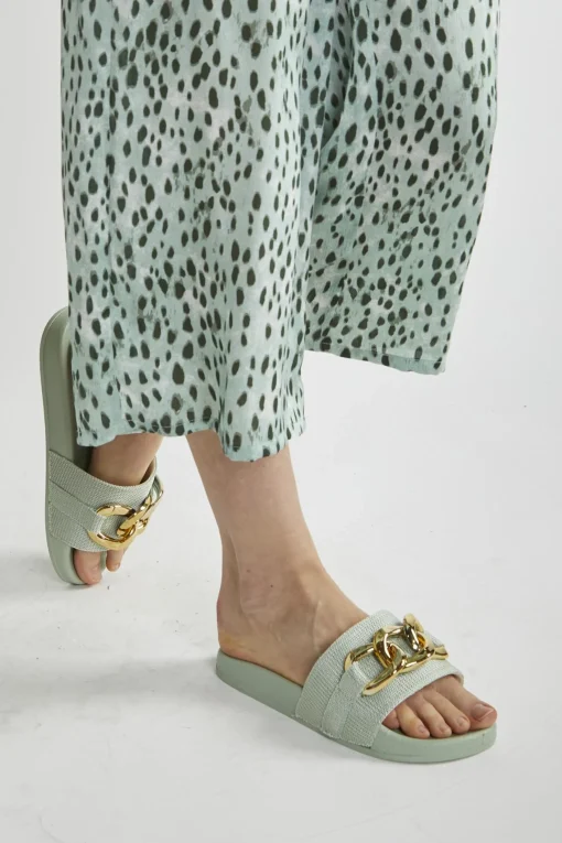 Glamorous Chic Escapes|Mint Sliders with Gold Chain Strap -
