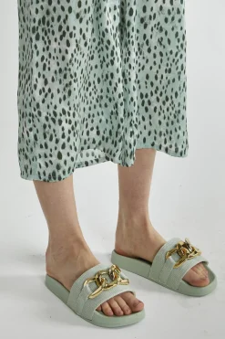 Glamorous Chic Escapes|Mint Sliders with Gold Chain Strap -
