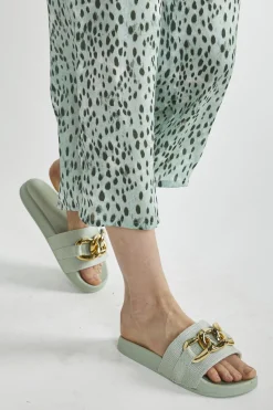 Glamorous Chic Escapes|Mint Sliders with Gold Chain Strap -