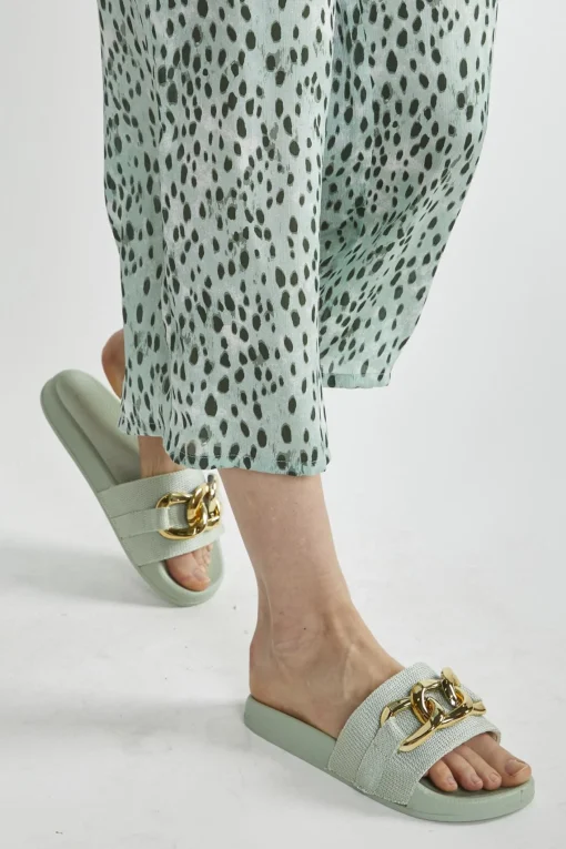 Glamorous Chic Escapes|Mint Sliders with Gold Chain Strap -