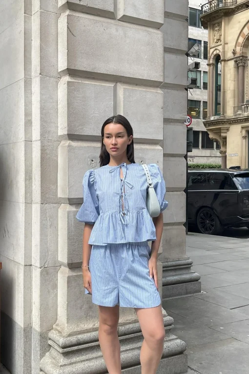 Glamorous Co-ords|Woven Shorts|Mixed Blue Stripe Tie-Front Shorts -