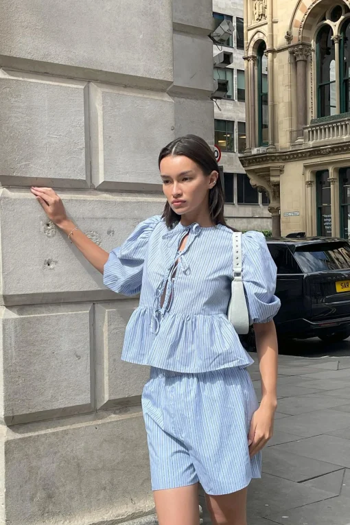 Glamorous Co-ords|Woven Shorts|Mixed Blue Stripe Tie-Front Shorts -