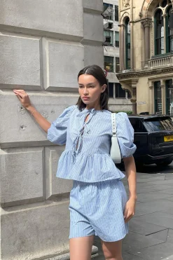 Glamorous Co-ords|Blouses & Shirts|Mixed Blue Stripe Tie-Front Top -