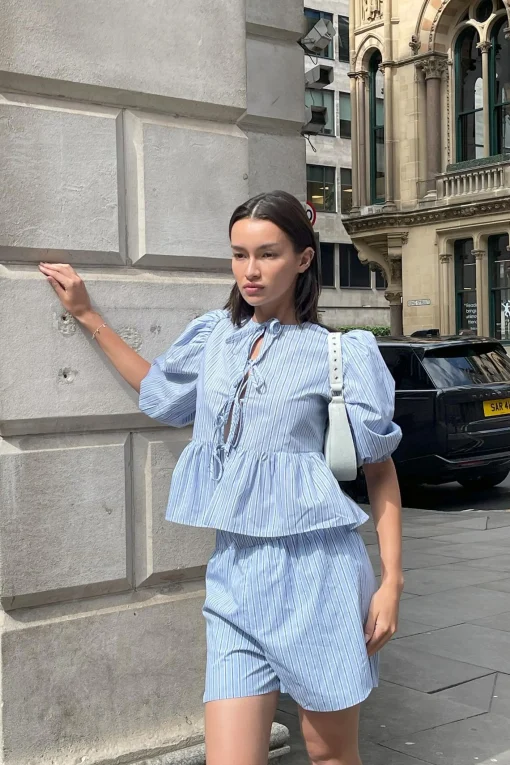 Glamorous Co-ords|Blouses & Shirts|Mixed Blue Stripe Tie-Front Top -
