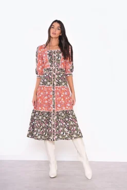 Glamorous Day Dresses|Midi & Midaxi Dresses|Mixed-Folk Poplin Square-Neck Midi-Dress -