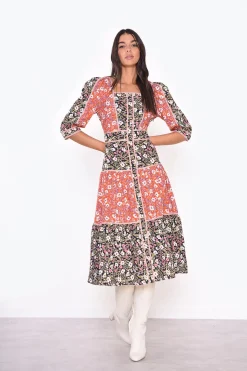 Glamorous Day Dresses|Midi & Midaxi Dresses|Mixed-Folk Poplin Square-Neck Midi-Dress -