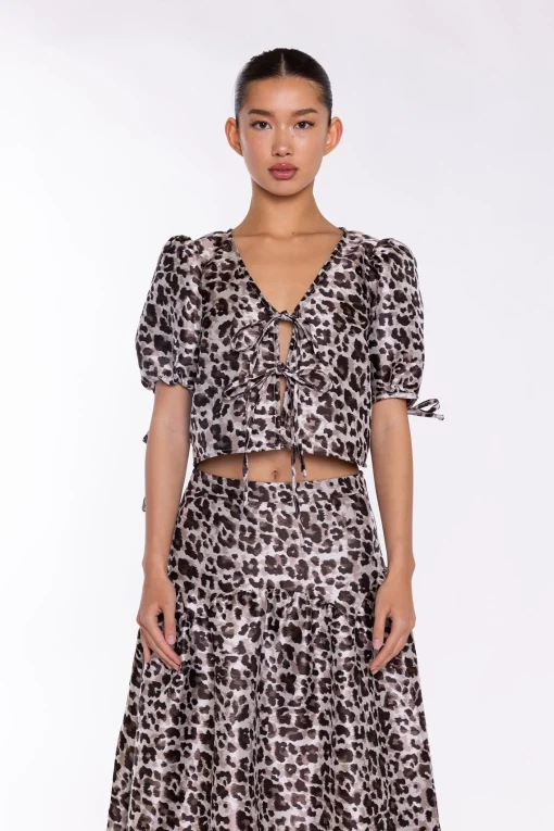 Glamorous Crops, Corsets & Bodysuits|Mocha-Leopard Tie-Front Crop-Top -