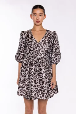 Glamorous Day Dresses|Mini Dresses|Mocha-Leopard Wrap Babydoll Mini-Dress -