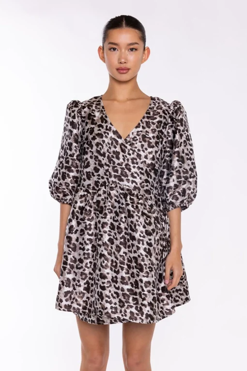 Glamorous Day Dresses|Mini Dresses|Mocha-Leopard Wrap Babydoll Mini-Dress -