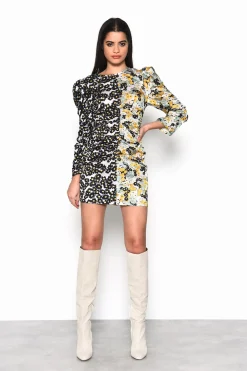 Glamorous Mini Dresses|Mini Dresses|Mono Mustard floral Long-Sleeve Bodycon Mini-Dress -