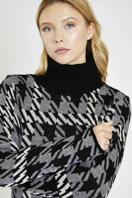 Glamorous Day Dresses|Jumpers|Mono Tartan-Check Roll-Neck Jumper Midi-Dress -