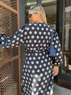 Glamorous Workwear|Day Dresses|Mono-Daisy Long Sleeve Wrap Midi-dress -