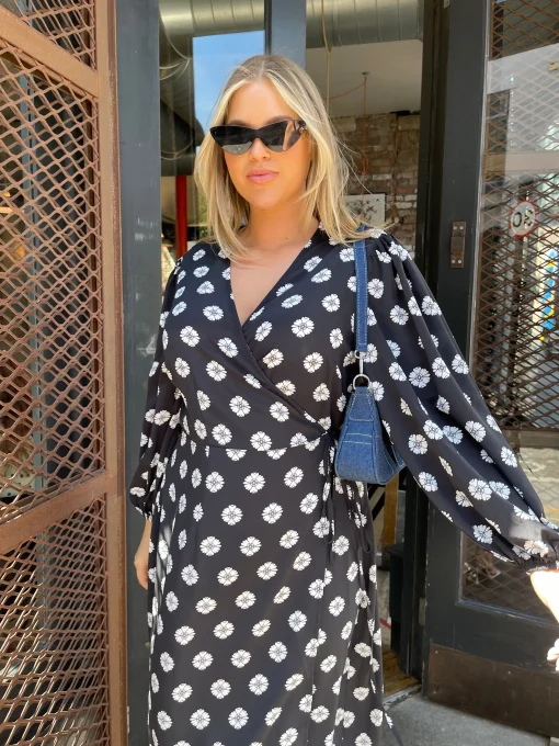 Glamorous Workwear|Day Dresses|Mono-Daisy Long Sleeve Wrap Midi-dress -